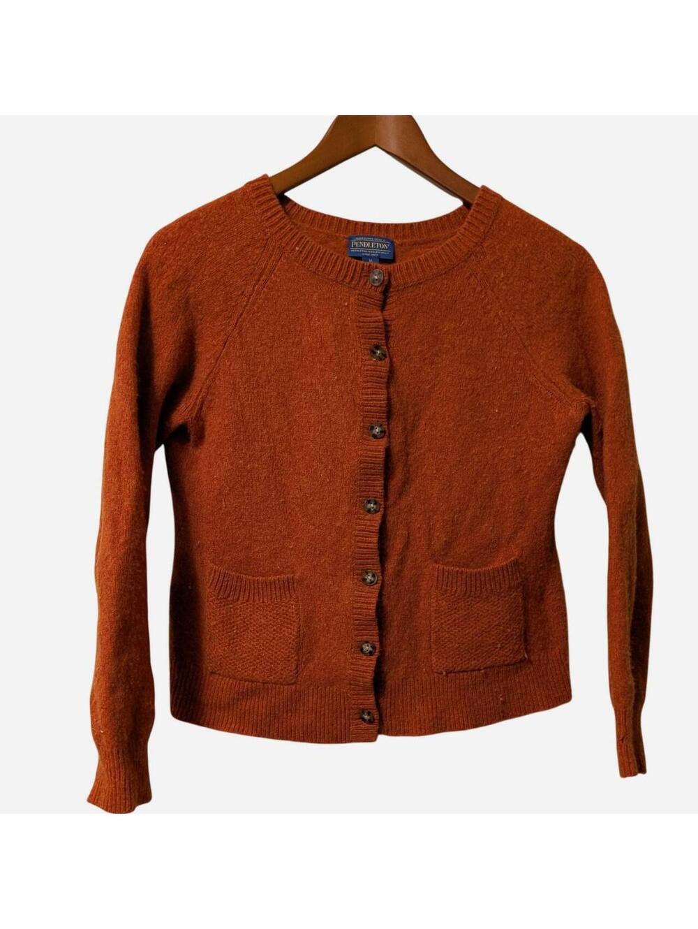 Pendleton Wool Cardigan Rust Orange Crewneck Button Sweater Grandmacore Size M